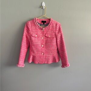 J CREW - PEPLUM LADY JACKET IN NEON FUCHSIA TWEED (SIZE 0)